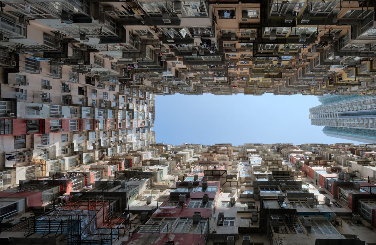 Monster Building courtyard upward view Quarry Bay Hong Kong 2024 dllu