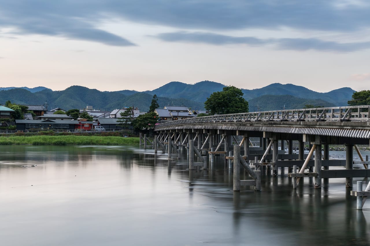 Togetsu-kyo bridge at dusk, Kyoto, Japan